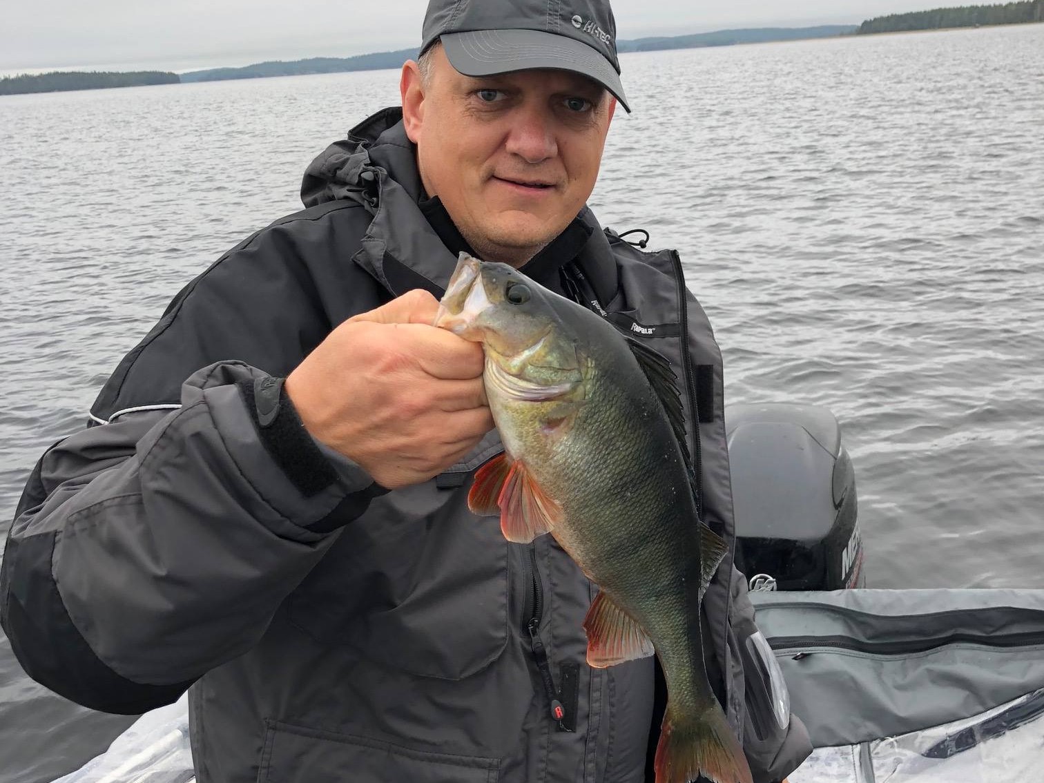 Angler holding a freshly caught perch on Lake Saimaa, Finland